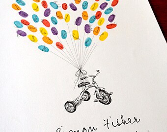 Tricycle with balloon strings, Original Guest book thumbprint balloon ...