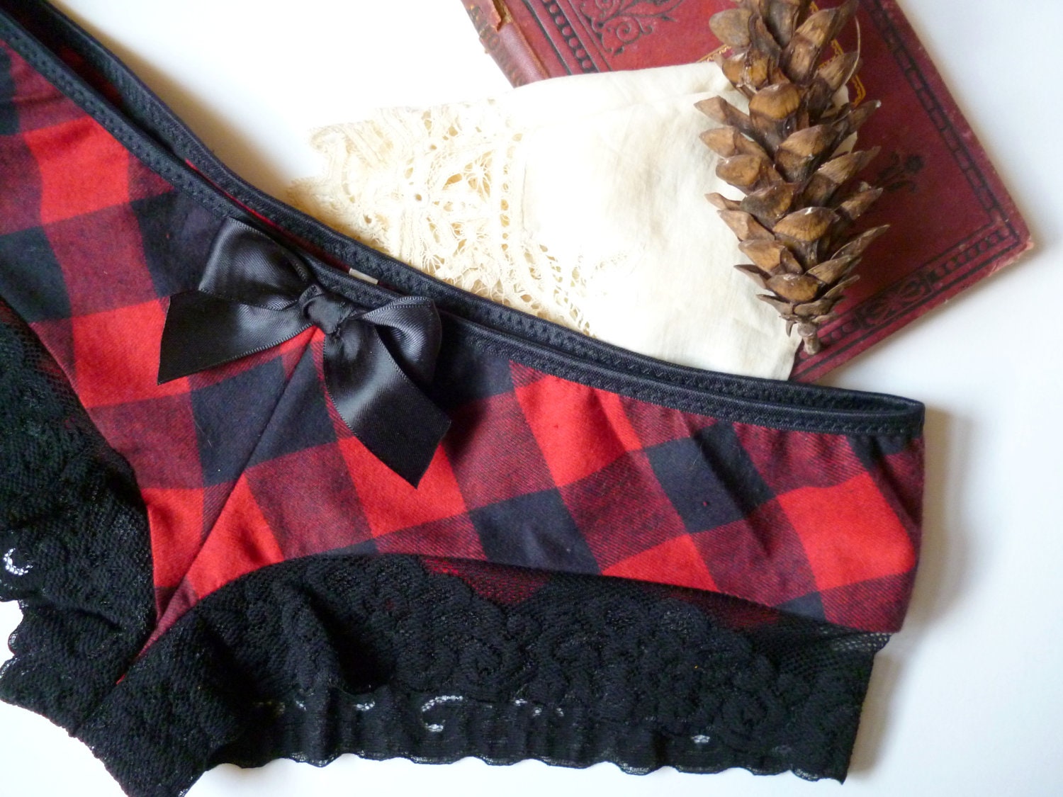 Lumberjack Plaid Red and Black Flannel & Lace Rustic French