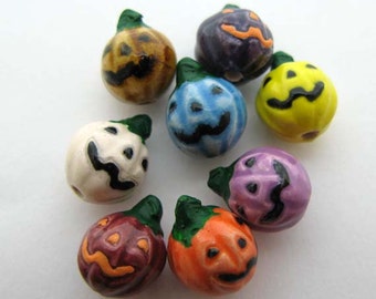 20 Tiny Jack O Lantern Beads - multicolor - peruvian beads - ceramic beads - holiday beads - halloween beads - trick or treat beads - CB874