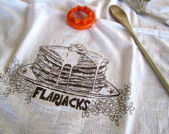 Tea Towel - Screen Printed Flour Sack Towel - Soft and Absorbent Kitchen Towel - Stack of Pancakes - FlapJacks - Eco Friendly Cotton Towel