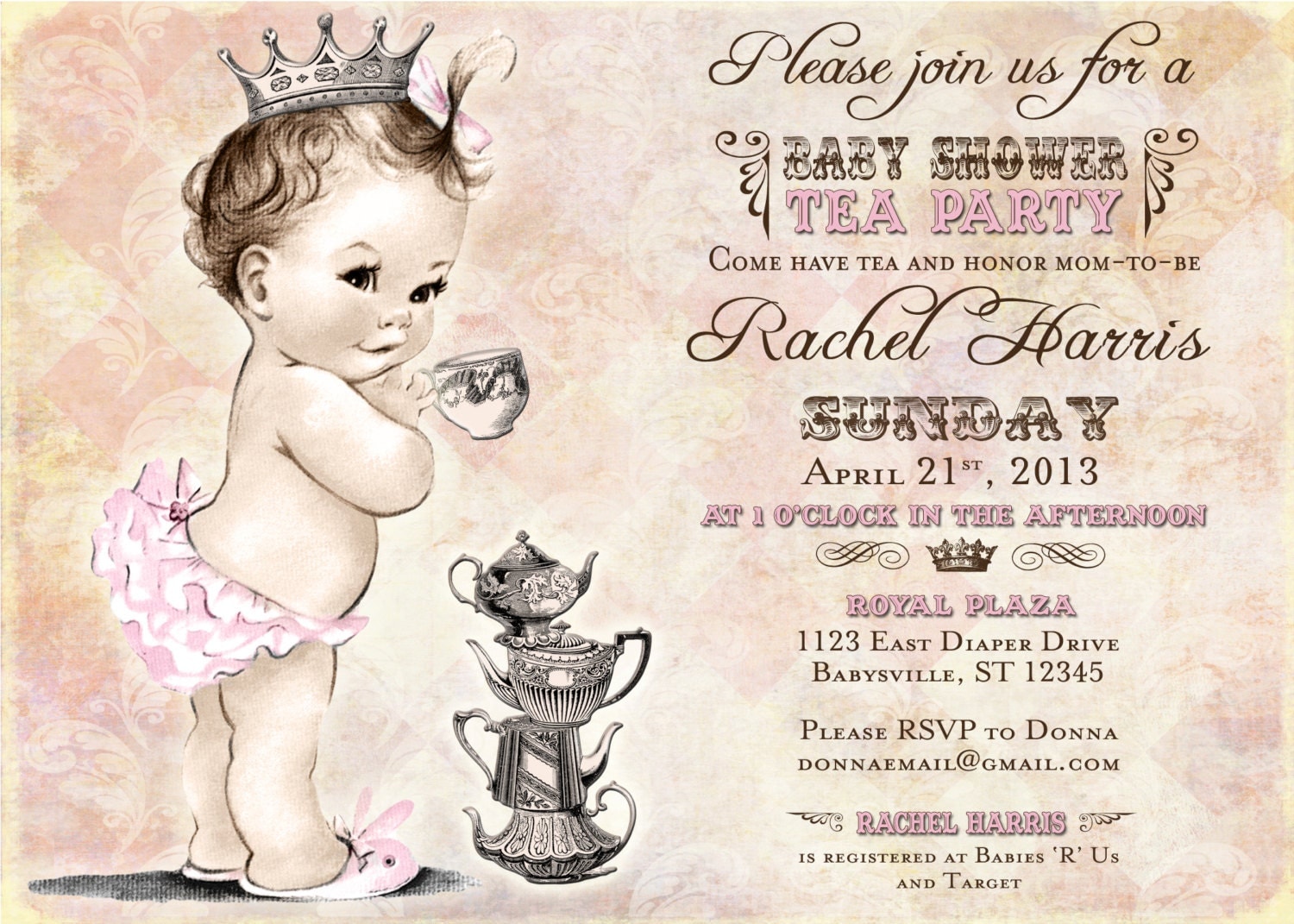 Tea Party Baby Shower Invitation For Girl Princess Crown