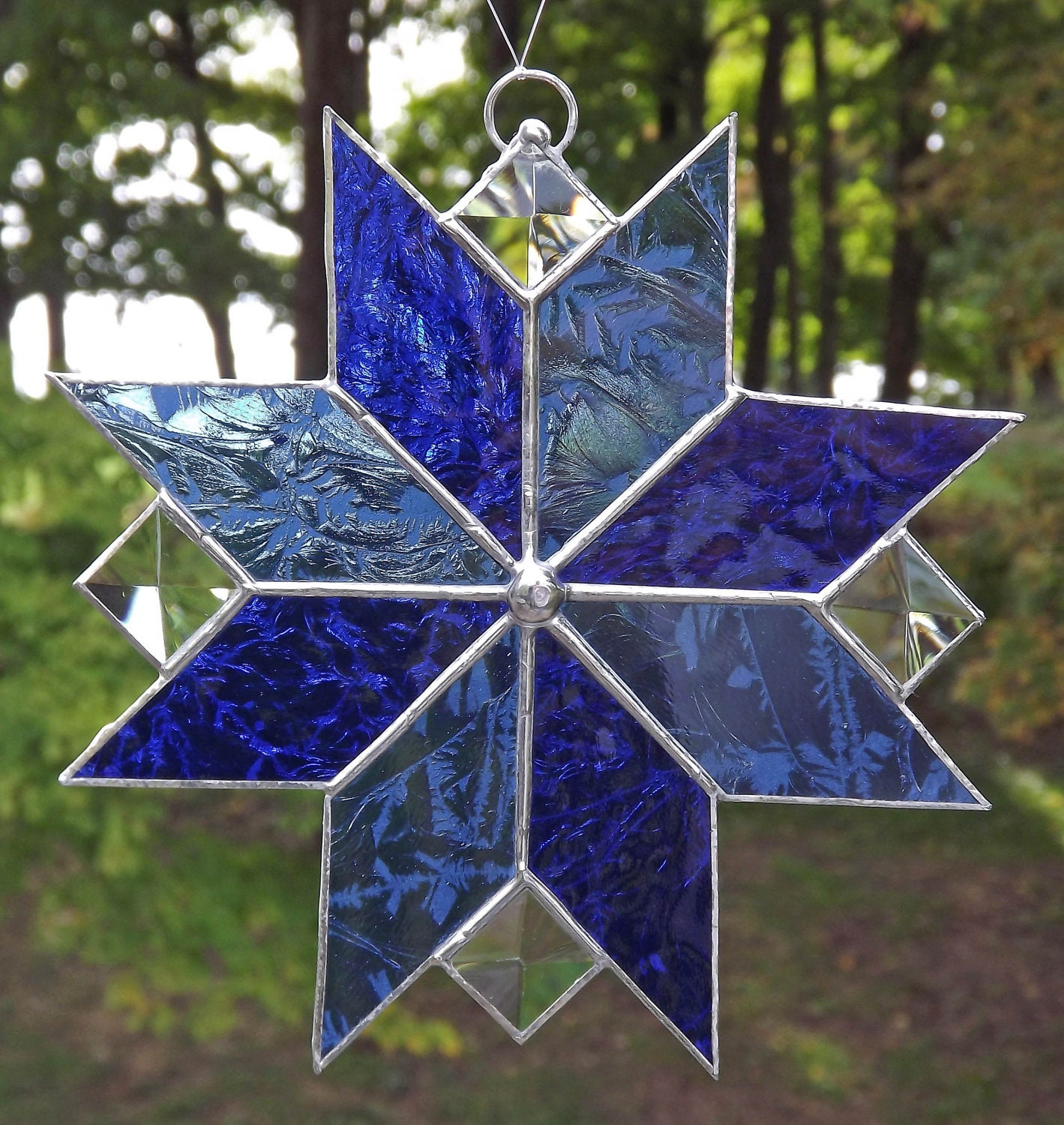 stained glass suncatcher quilt star royal blue and light blue