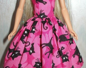 Handmade 11.5" fashion doll clothes - Pink and black cat dress