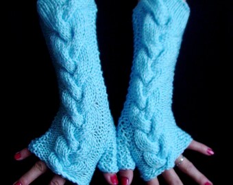 Light Blue Fingerless Gloves Cabled Arm Wrist Warmers, Extra Long and Soft