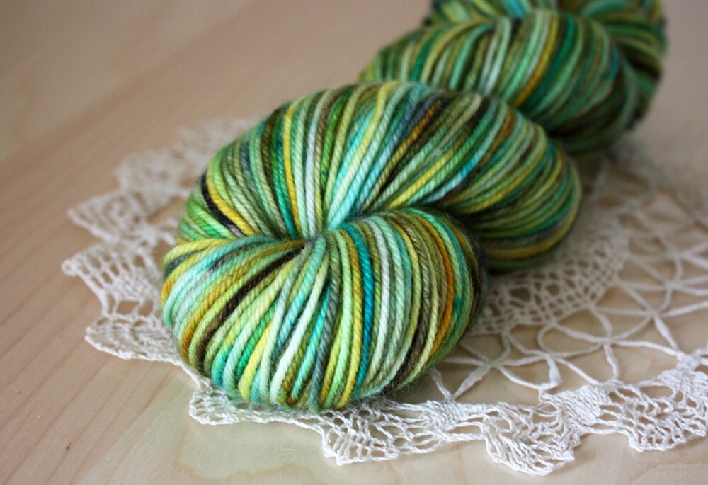 Hand Dyed DK Weight Yarn / Moss Green Turquoise Gold Brown