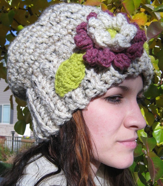 pattern lion brand crochet flower slouch, brim bubble PATTERN  flower, rib beanie, cap, CROCHET  hat,