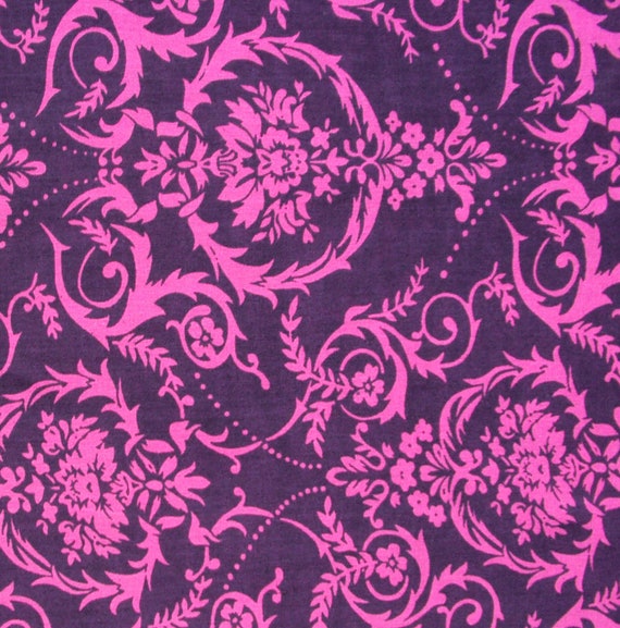 Cotton print fabric Magenta Damask Print on Navy Blue 1