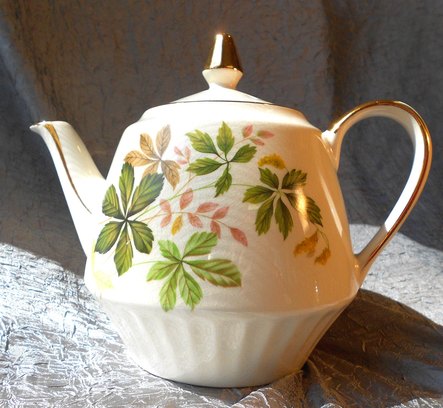 Vintage Gibsons Teapot with Green and Pink Leaves by anyoldtime