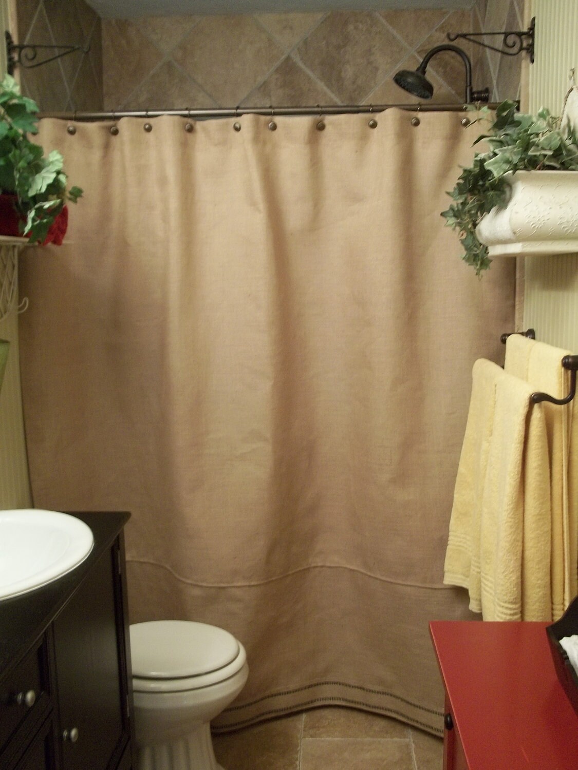 Burlap Shower Curtain Black Stripe Trim by SimplyFrenchMarket