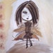 Margaux in the Fall - Watercolor on Velvet Archival Paper-Sepia- Gold Brown-Pale Orange and Light Blue-7x10"