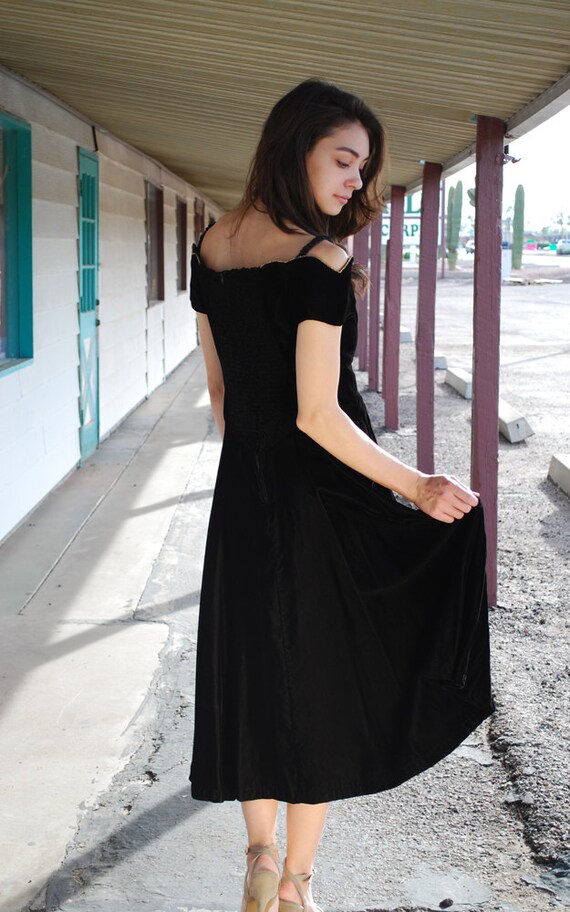 Vintage Velvet Dress / 80s Off the Shoulder Beaded Scalloped