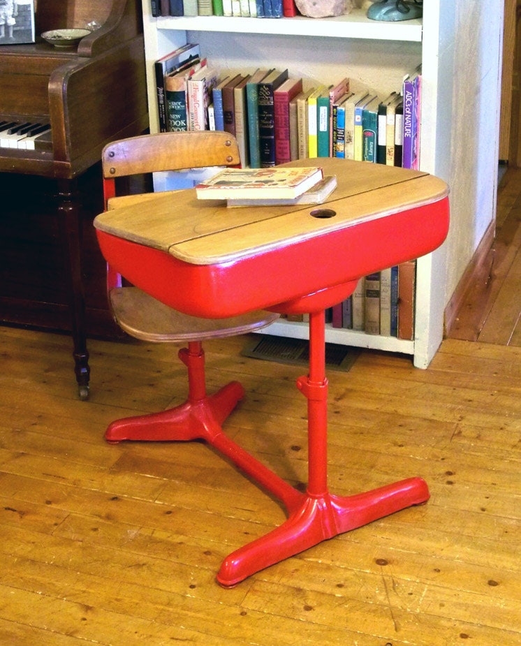 MidCentury Elementary School Desk with Inkwell Red with