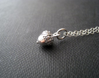 Silver acorn necklace-teeny tiny acorn charm in sterling silver fine chain, nature jewelry