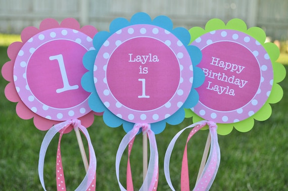 3 Centerpiece Sticks - Girls 1st Birthday Party Decorations - Polkadots, Pink, Teal, Purple, Lime Green - Personalized Il_570xn