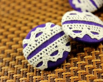 Lace Fabric Buttons - Double Floral Lace Blue Violet Fabric Buttons, 1.18 inch (4 in a set)