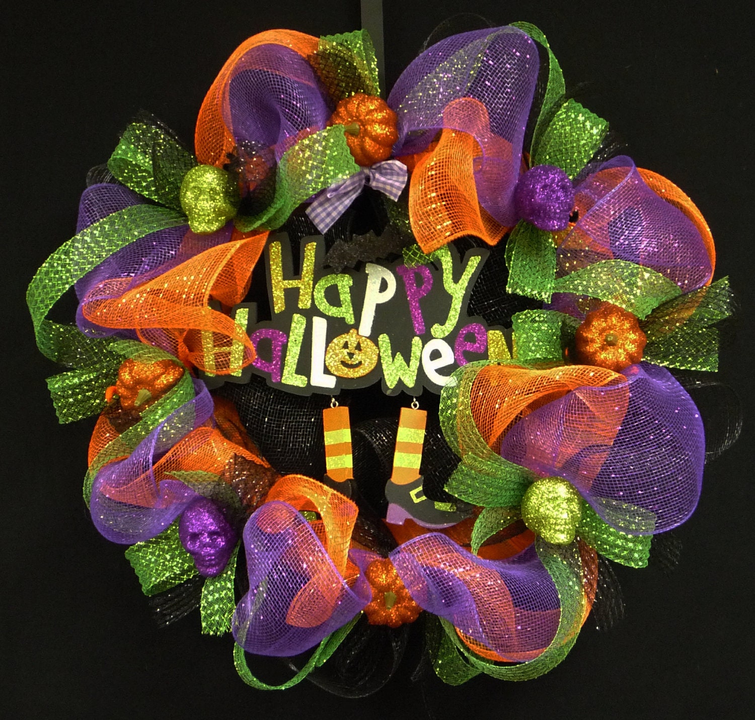 Happy Halloween Poly Mesh Ribbon Wreath Purple Orange Green