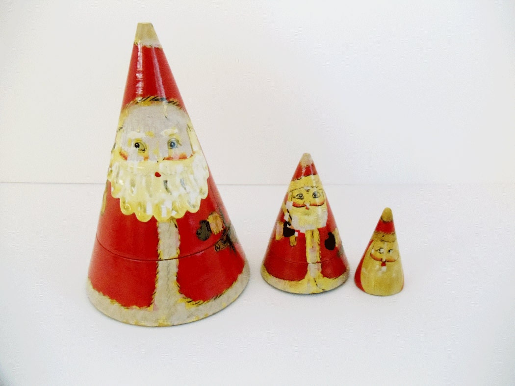 Vintage Santa Nesting Doll 3 Piece Wooden Set Christmas