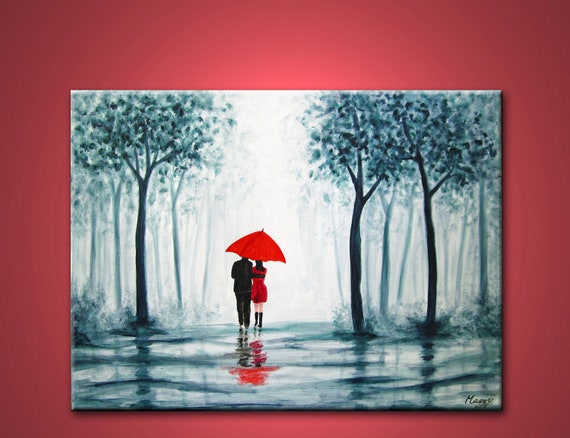 Original Abstract Painting Walking In Rain Blue White