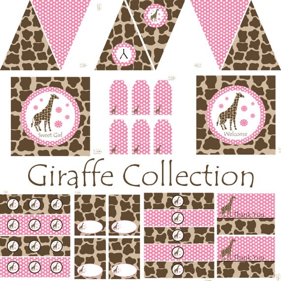 Giraffe FULL Decoration Set - INSTANT DOWNLOAD Printable Party Shower Cupcake Toppers Bottle Wraps Pennant Banner Favor Tags Il_570xn