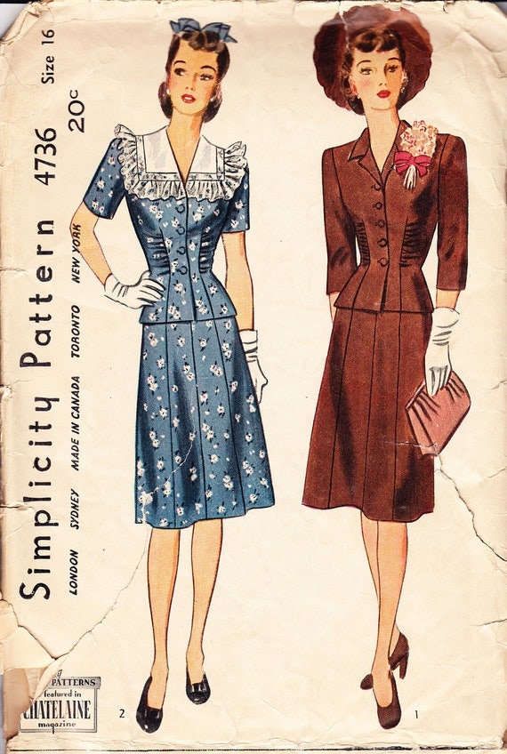 40s Two Piece Dress Pattern/ Vintage 1940s Simplicity Dress