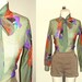 Vintage 70s hipster blouse FERN GREEN floral print sheer with ascot - S