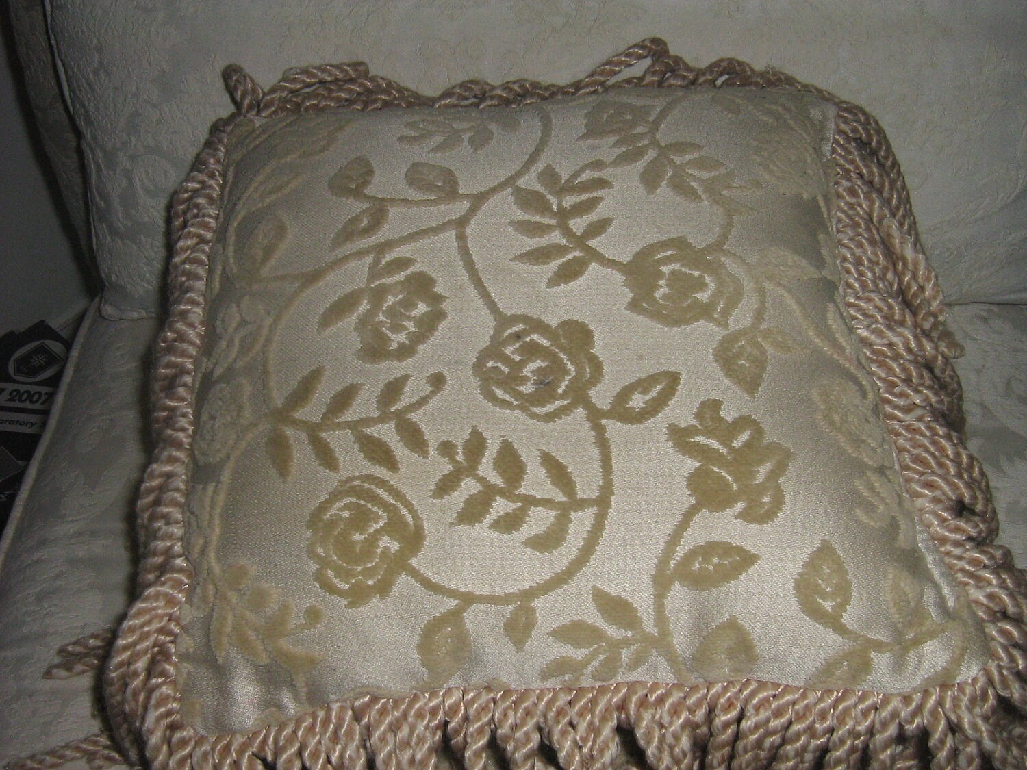 Vintage Chenille Fringe Throw Pillows Tan Brocade