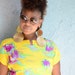 Plus Size Vintage - Vintage 80s Canary Yellow Cotton Summer Blouse w/ pink/purple Hawaiian Palm Tree Print - Vintage Plus Sized Top/Shirt