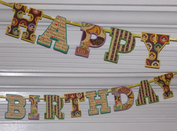 Happy Birthday Monkey Letter Banner ... Jungle ... Yellow Lime Lavender Teal ... READY TO SHIP ... adjustable ... custom options available Il_570xn