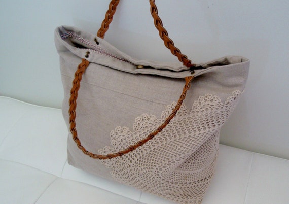 Linen tote bag with doily hand applique and leather handle