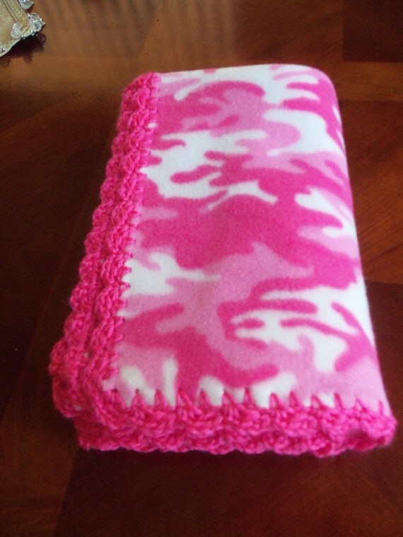 Baby Blanket Pink Camo Fleece with Hot Pink Crochet Edge