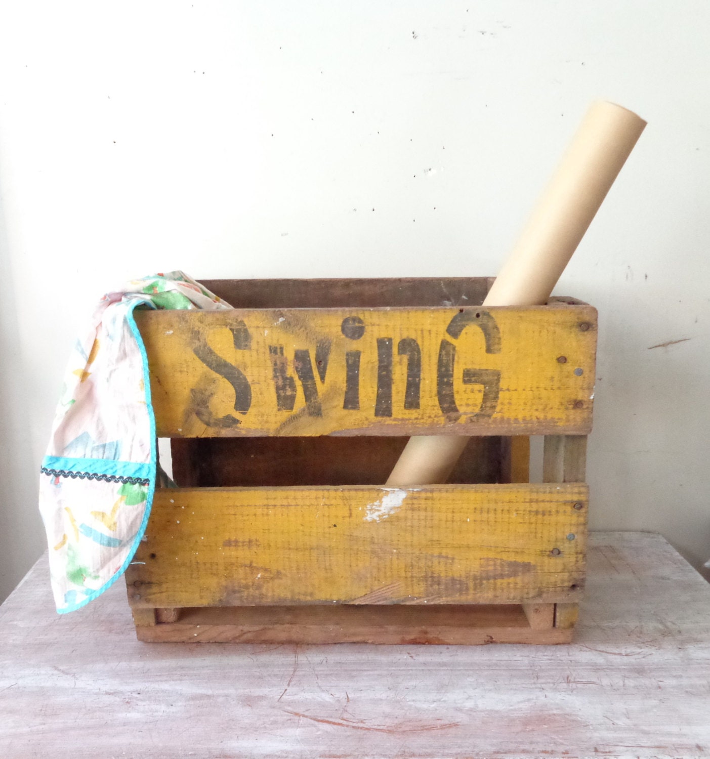 RESERVED.Vintage Swing Soft Drink Crate in bright yellow