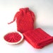 Crochet Wash Cloth, Face Puff, and Soap Saver, Red Cotton Bath Set, Three Piece