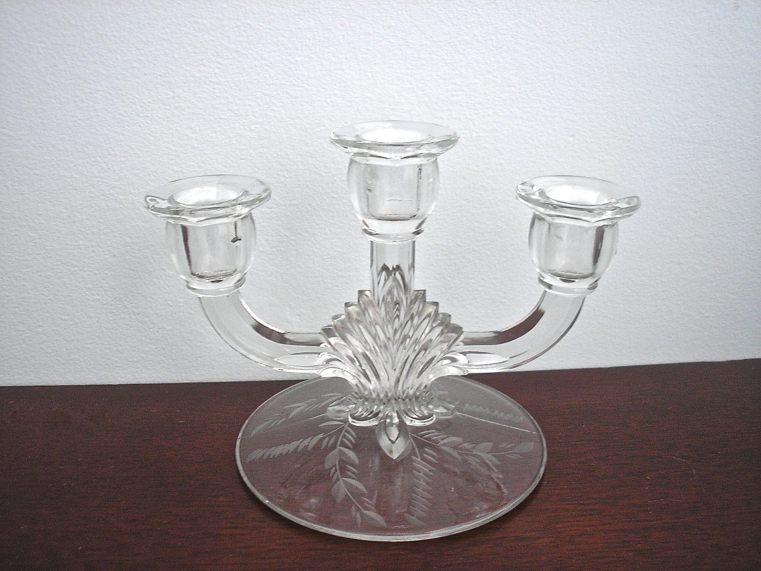Vintage Glass 3 Arm Candelabra With an Etched Base