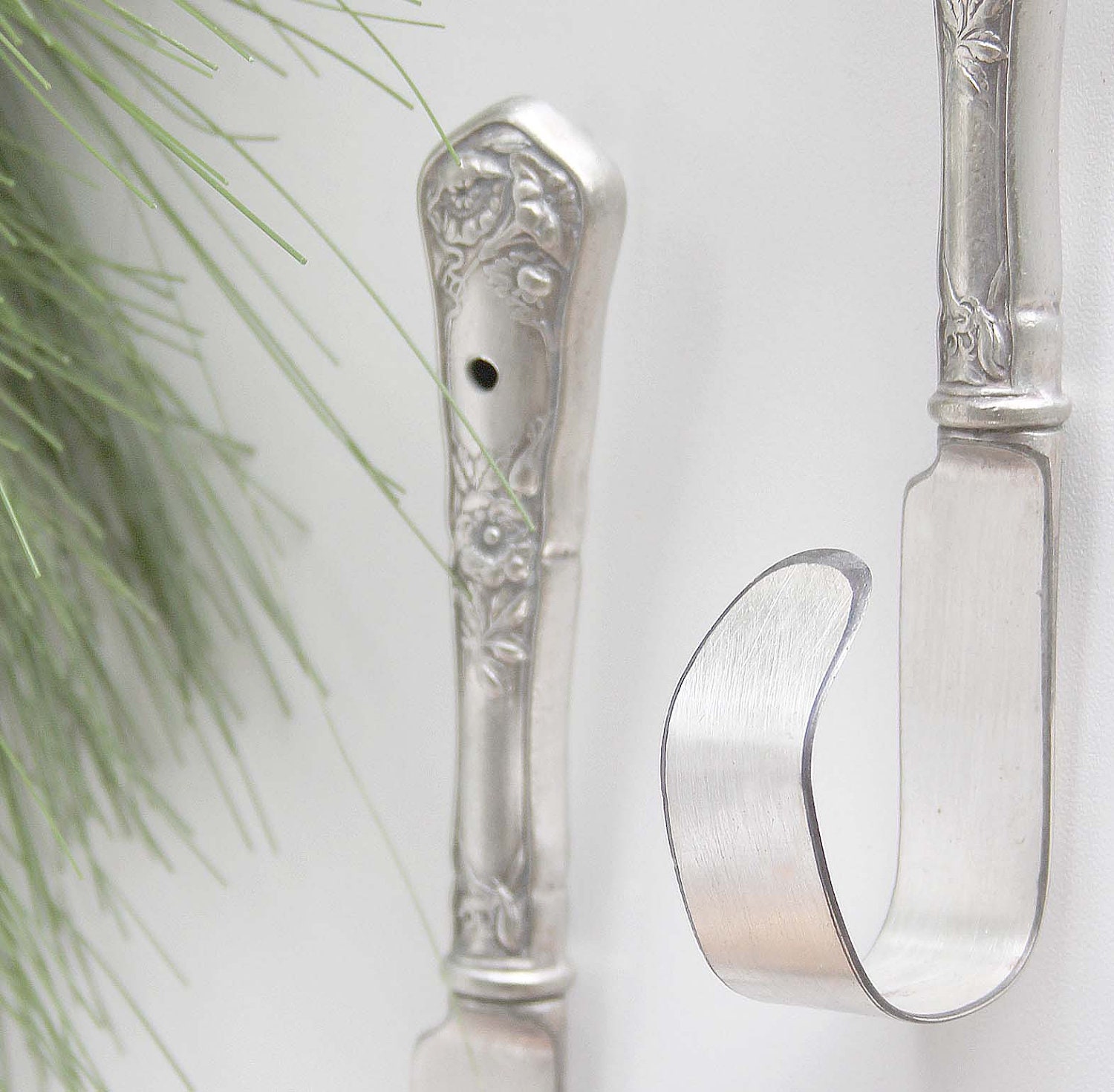 Pair of Stocking hooks, recycled from vintage silver plate, unique christmas decoration, knife holder, pot rack, utensil holder 