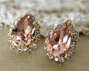 Clip On Earrings,Bridal Clip On Earrings,Swarovski Blush Clip On Studs,Bridal Non Pierced Earrings,Bridesmaids Earrings,Clip-on Earrings