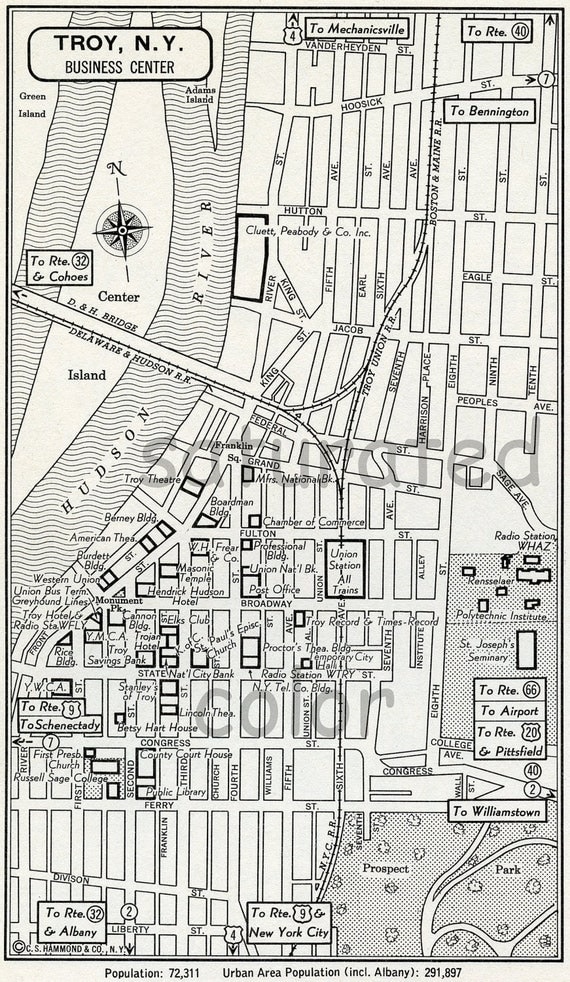 Troy New York NY Map Vintage 1950s Original by SaturatedColor