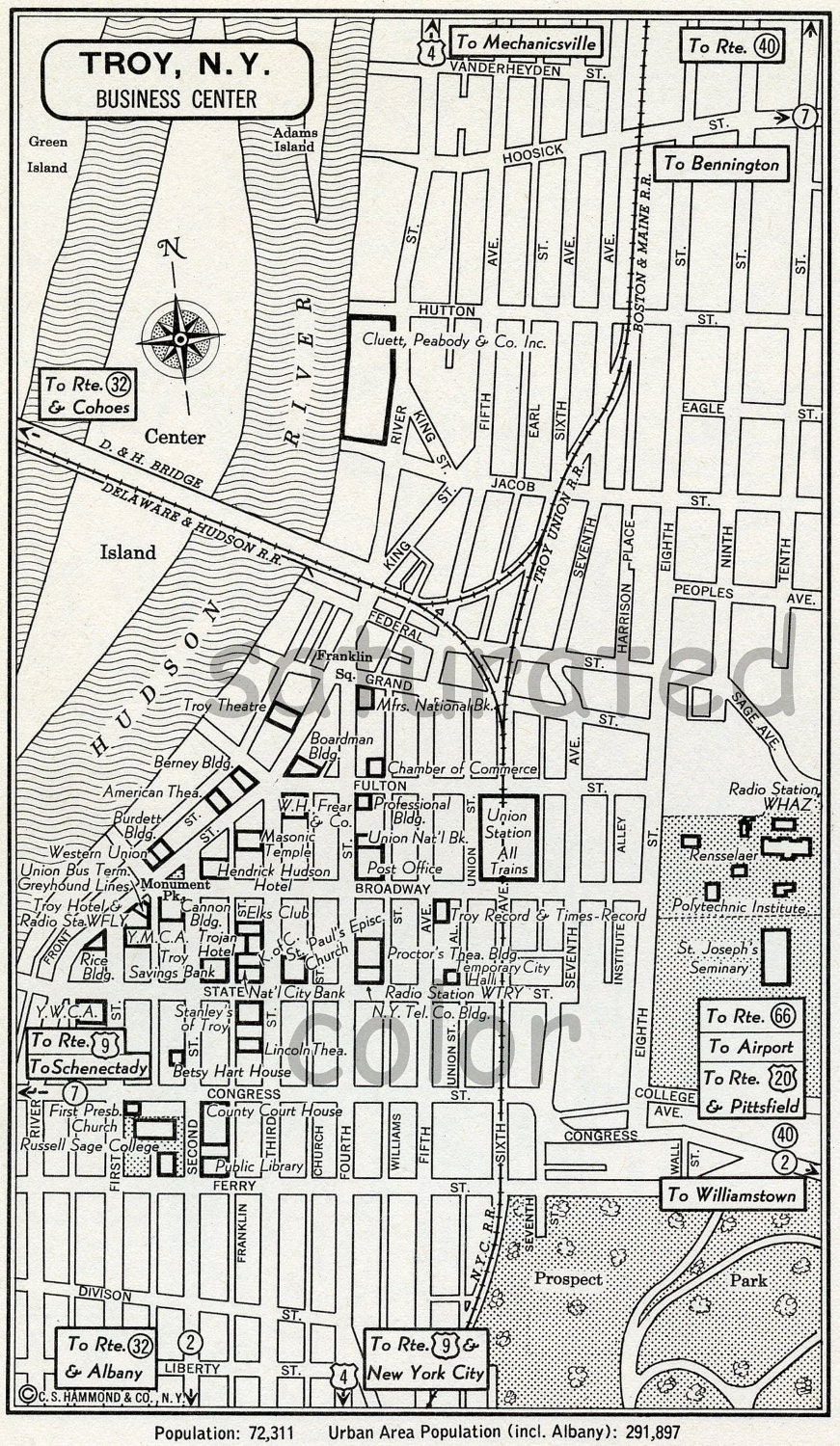 Troy New York NY Map Vintage 1950s Original Heart of Troy