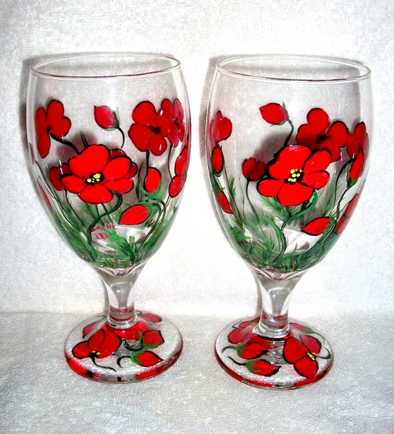 Red Poppies Hand Painted Set of 4 16 oz Ice Tea Glasses