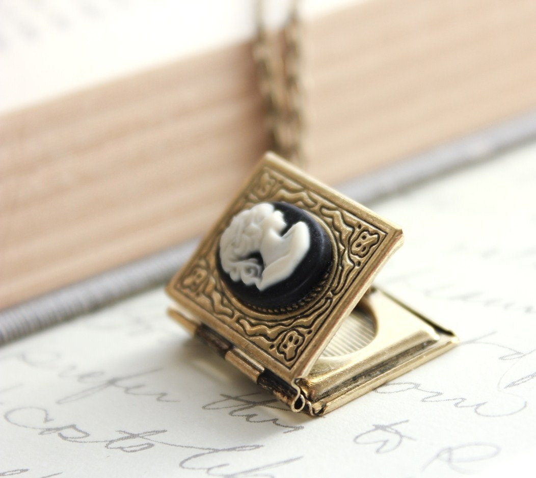 Book Locket Necklace Black and Ivory Lady Cameo Necklace