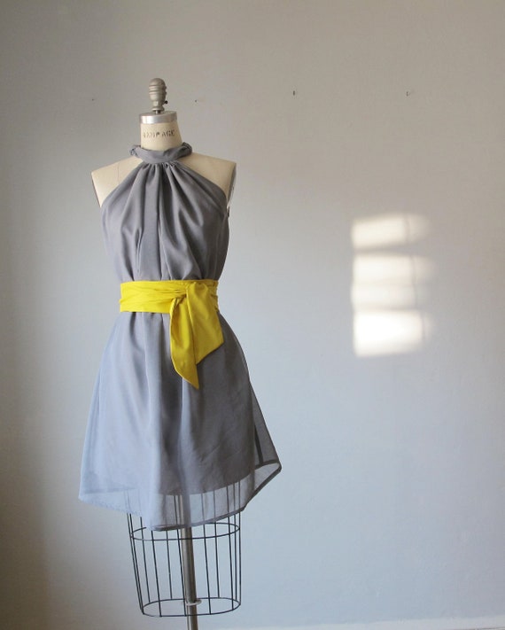 Gray dress , yellow sash , soft chiffon , healer style