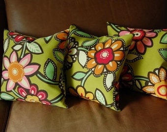 PILLOW TRIO-with filling- green floral- 3 pillows- 14 by 14