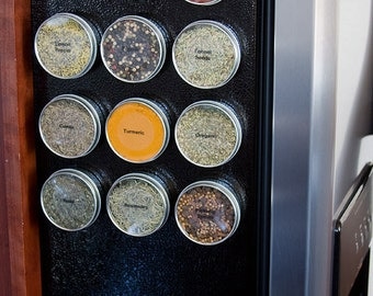 Magnetic spice tins - DIY spice rack for metal wall, refrigerator - 12 empty tins, spice labels, for kitchen storage and organization