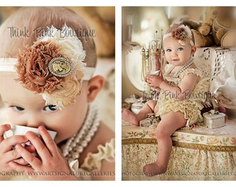 Cream petti lace romper and headband SET, petti romper,baby headband, flower headband,vintage inspired headband and lace petti romper