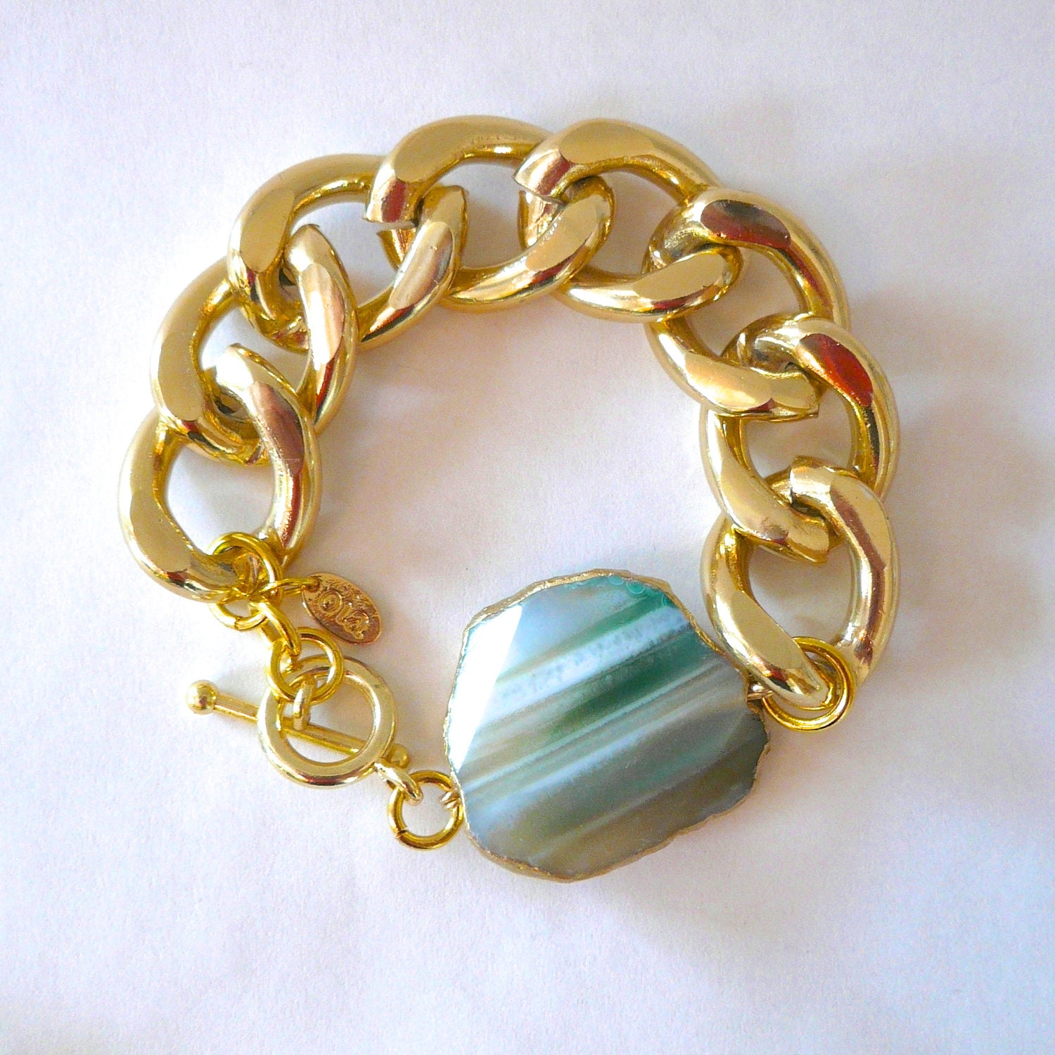 Chunky Gold Chain Link Bracelet with Mint Agate