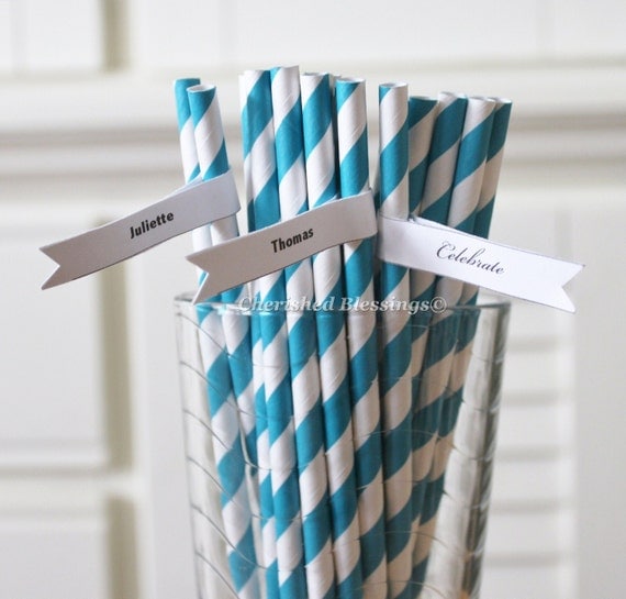 50 Teal Aqua Blue Paper Straws Striped Retro Vintage Style Carnival Circus Wedding Birthday Bridal Baby Shower W/Printable Flags I created Il_570xn