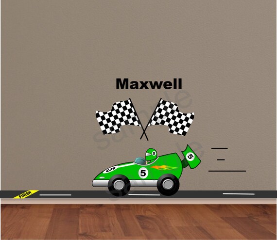 Green Race Car Wall Decal Driver racing to finish line Wall