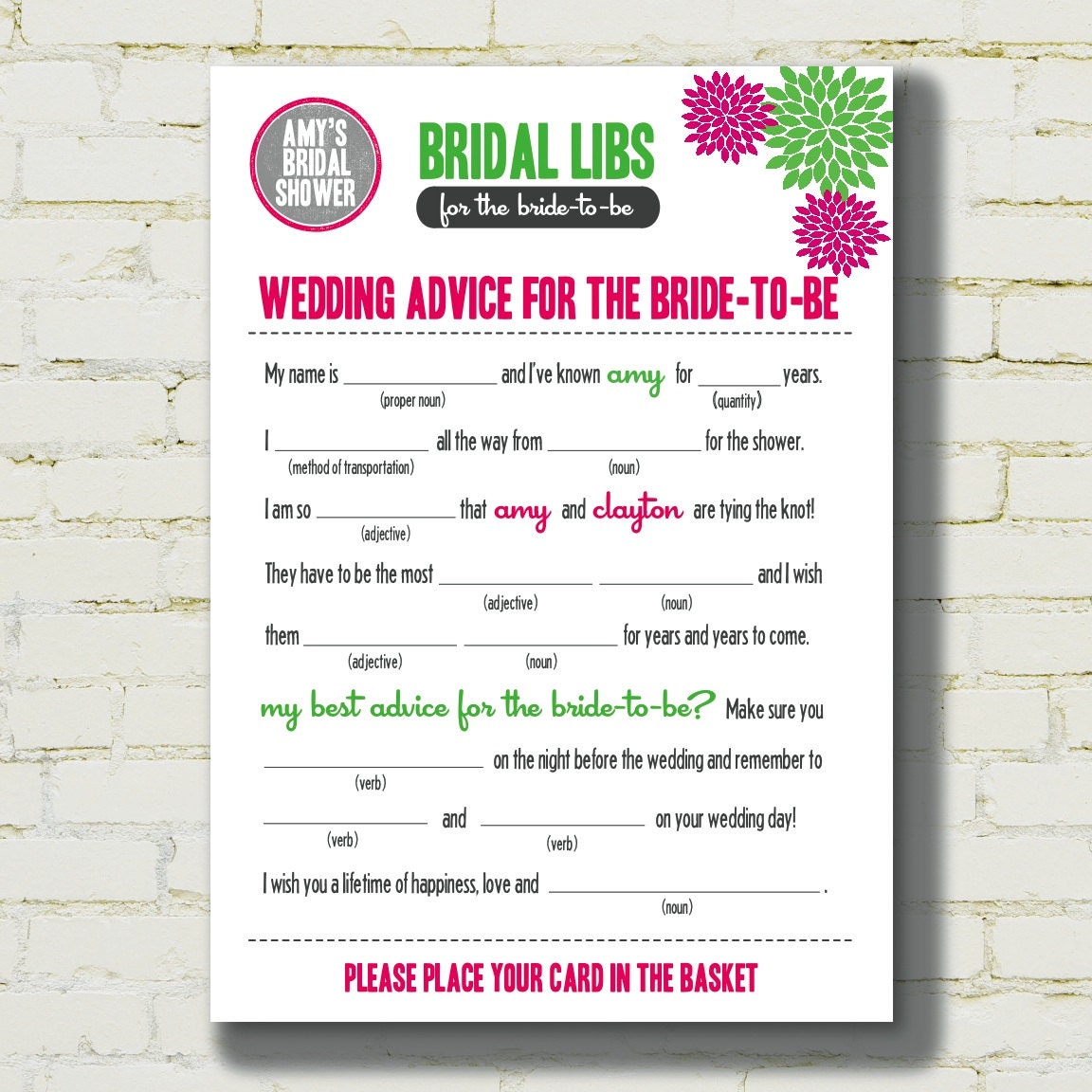 MAD LIBS Bridal Shower edition Fun floral