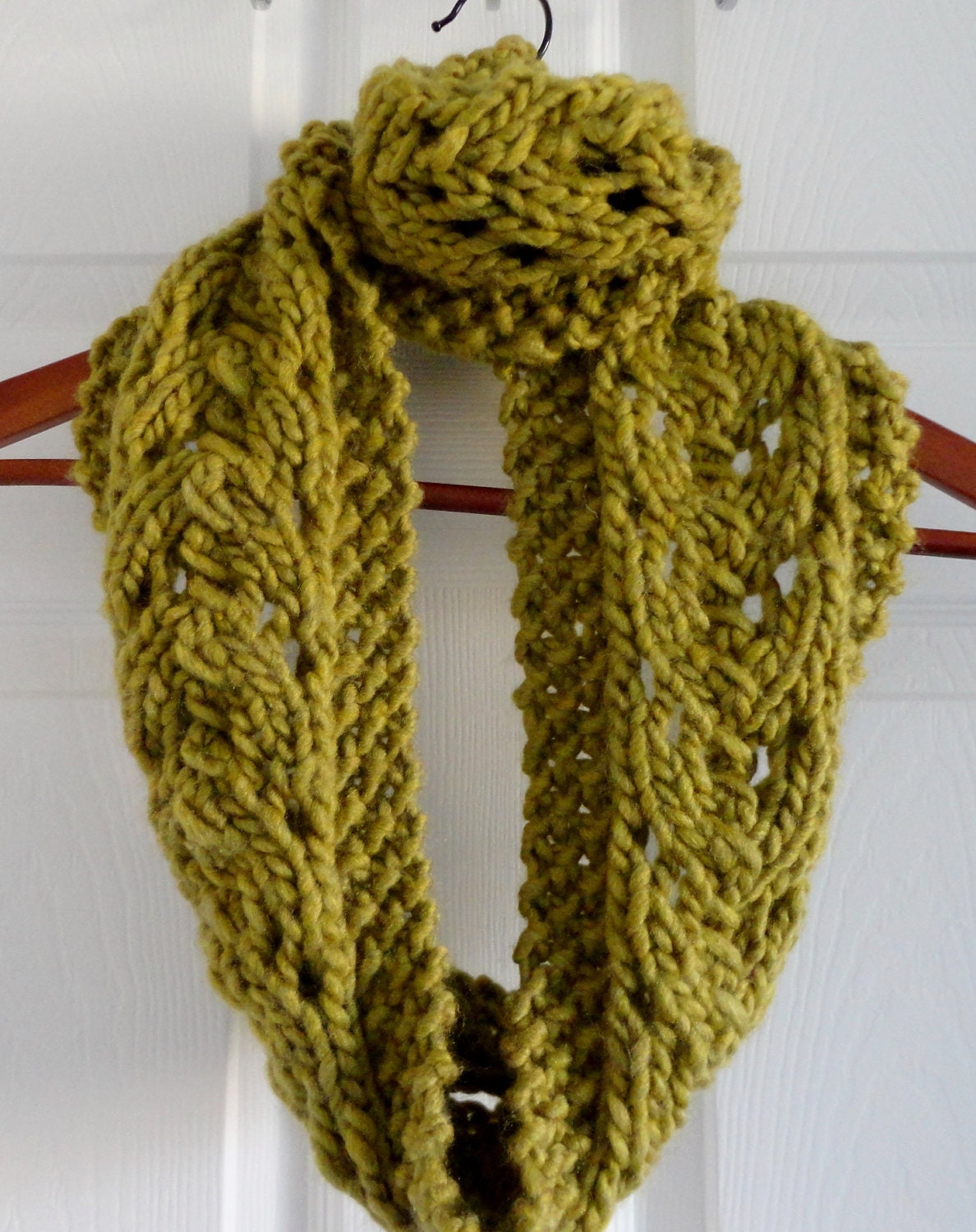 Womens Infinity Scarf in Pretty Olive Green and Lace Leaf
