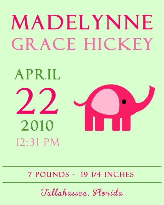 Personalized Elephant Birth Announcement Wall Art