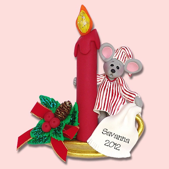 CHRISTMAS MOUSE on Candle Stick Pesonalized Christmas Ornament HANDMADE Polymer Clay